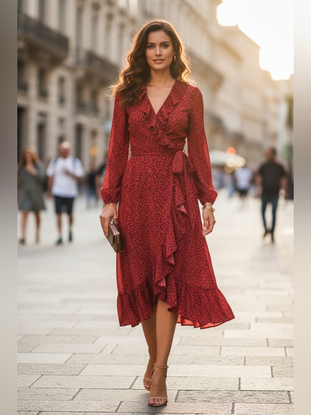 Michael Kors Red Pink Floral Wrap Midi Dress Medium Ruffle Long Sleeve Belted